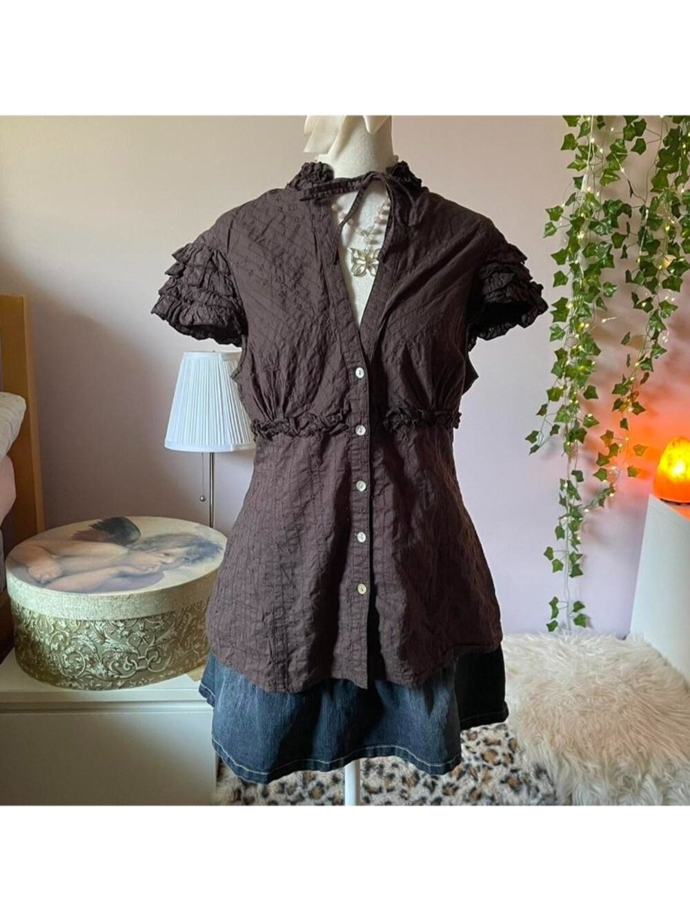 Brown ruffled button up blouse with tie neck